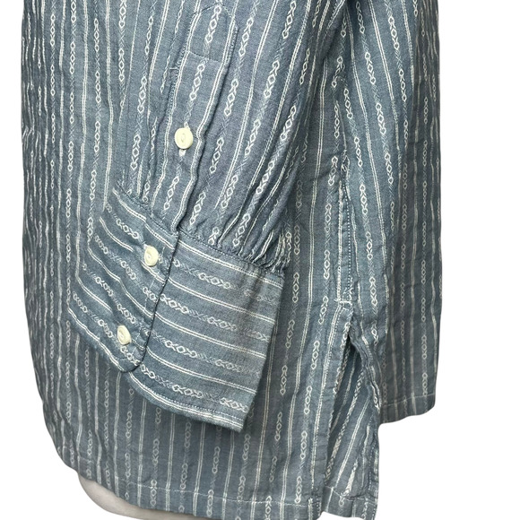 FRYE Size Large Popover Cotton Tunic Top 3/4 Sleeve Diamond Stripe Half Button - Picture 9 of 16